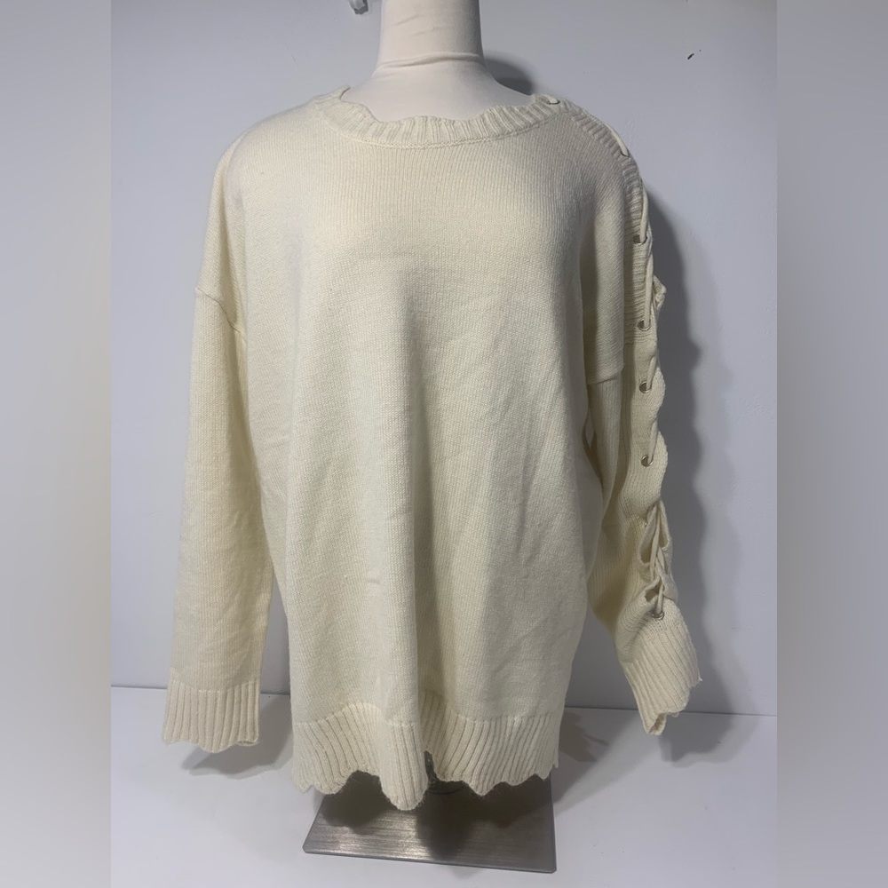 POL Lace UP Sleeve Oversized Cream Sweater size Medium Anthropologie